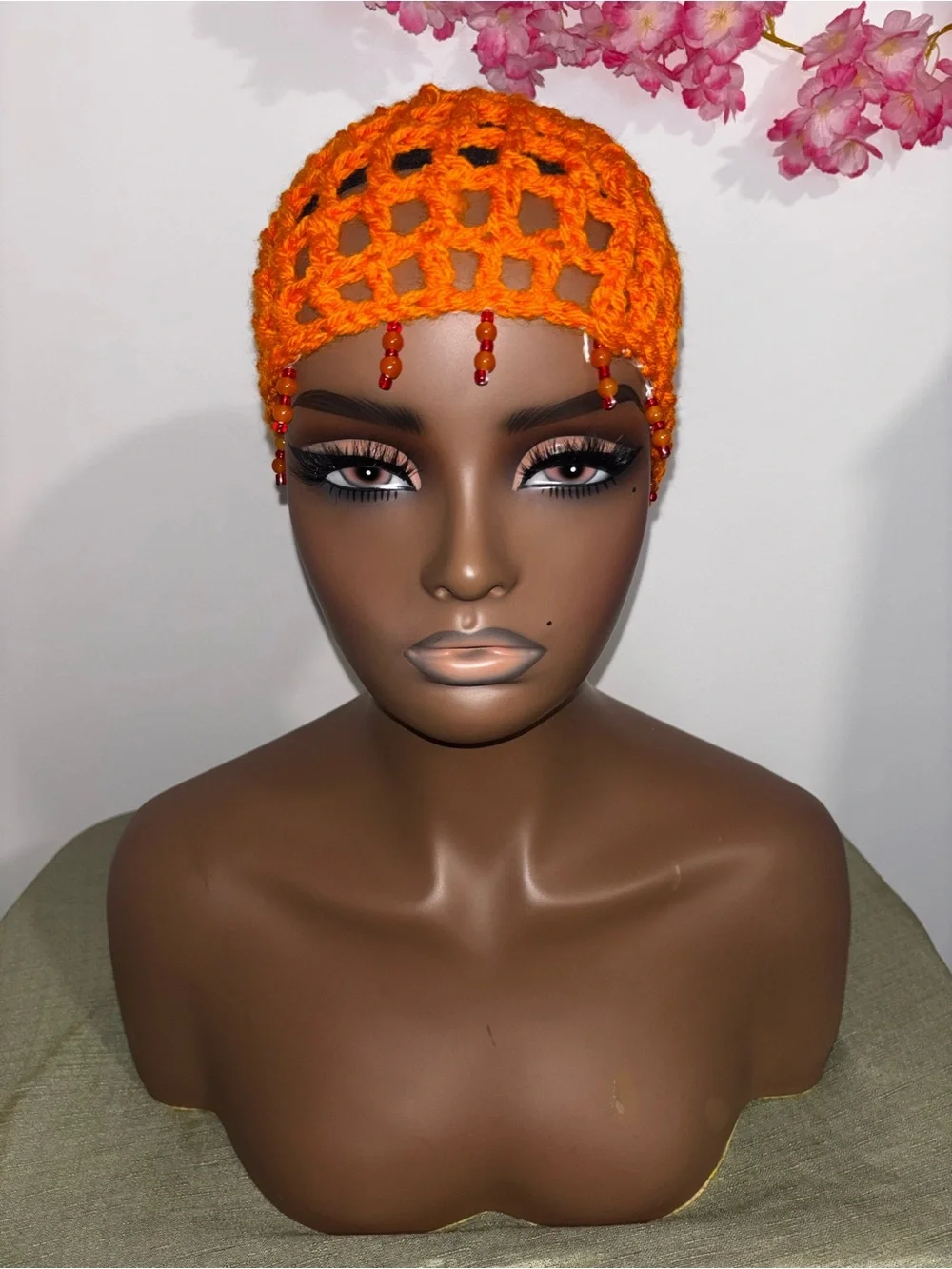 Crocheted Beaded Hair Cap - Vibrant Orange